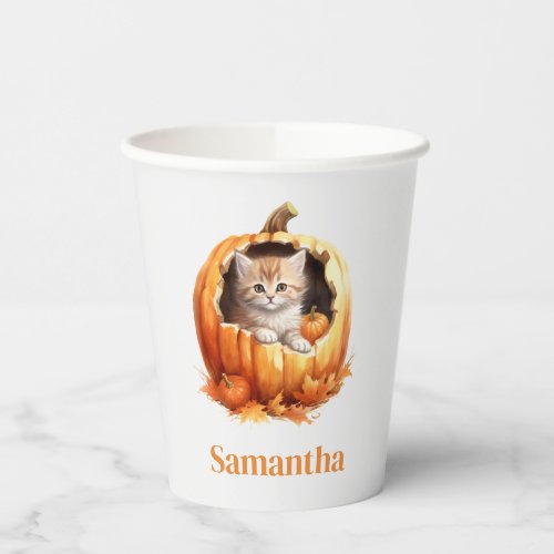 Cute Kitten in Pumpkin Custom Name Paper Cups