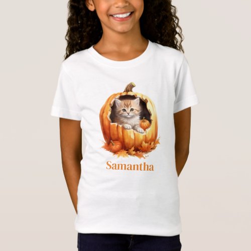 Cute Kitten in Pumpkin Custom Name T_Shirt