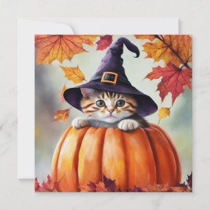Cute Kitten In Pumpkin Wearing Purple Witch Hat Invitation