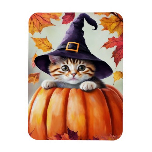 Cute Kitten In Pumpkin Wearing Purple Witch Hat Magnet