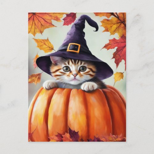 Cute Kitten In Pumpkin Wearing Purple Witch Hat Postcard