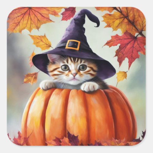 Cute Kitten In Pumpkin Wearing Purple Witch Hat Square Sticker