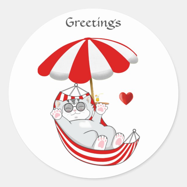 Cute Kitten in Red & White Hammock Greetings Classic Round Sticker (Front)