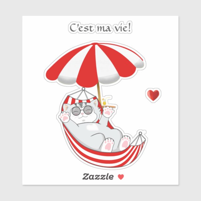 Cute Kitten in Red & White Hammock & Text Sticker (Sheet)