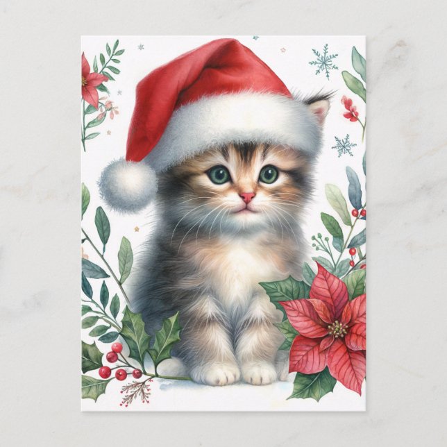 Cute Kitten In Santa Hat Christmas Postcard (Front)