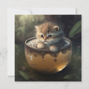 Cute kitten in transparent glass teacup postcard