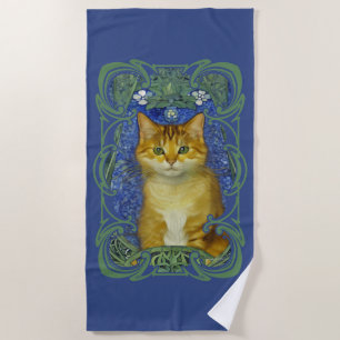 Cute Kitten in Vintage Art Nouveau Style Beach Towel