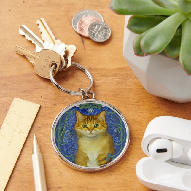 Cute Kitten in Vintage Art Nouveau Style Keychain (Desk)