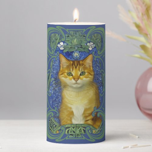 Cute Kitten in Vintage Art Nouveau Style Pillar Candle