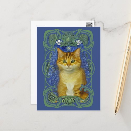 Cute Kitten in Vintage Art Nouveau Style Postcard