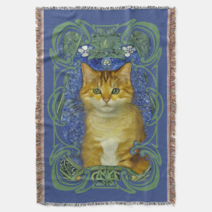 Cute Kitten in Vintage Art Nouveau Style Throw Blanket