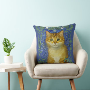 Cute Kitten in Vintage Art Nouveau Style Throw Pillow