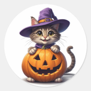 Cute Kitten In Witch Hat With Pumpkin 👻 Classic Round Sticker