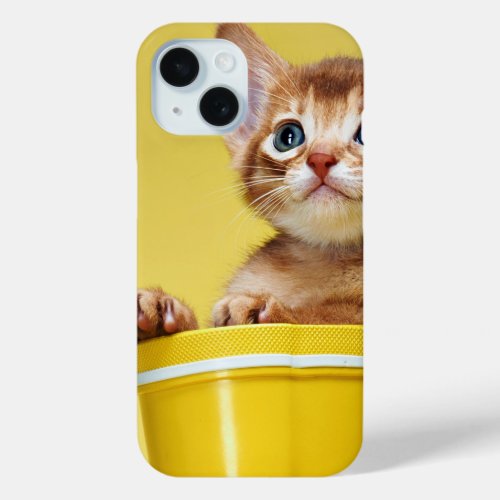 Cute kitten in yellow bucket iPhone 15 case