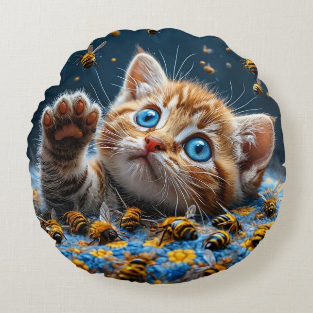 Cute Kitten Interacting with Bees Round Pillow (Front)
