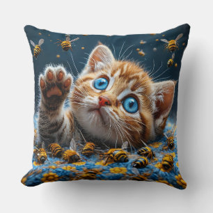 Cute Kitten Interacting with Bees Throw Pillow
