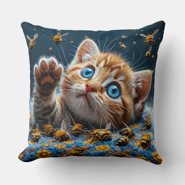 Cute Kitten Interacting with Bees Throw Pillow (Front)