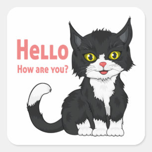 Cute Kitten Kitty Cartoon Black Cat Hello Square Sticker