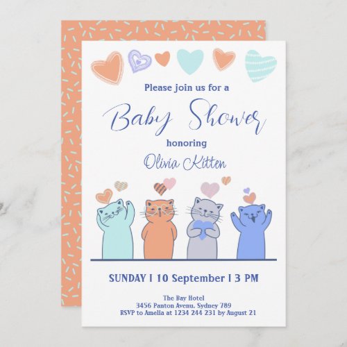 Cute Kitten Kitty Cats Hearts Baby Shower Invitation