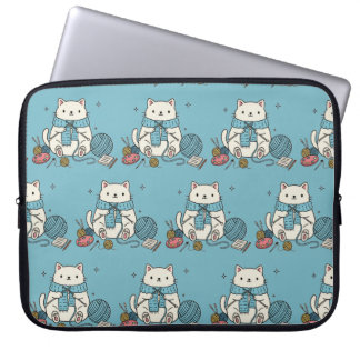 Cute Kitten Knitting Blue Pattern Tech Accessory Laptop Sleeve