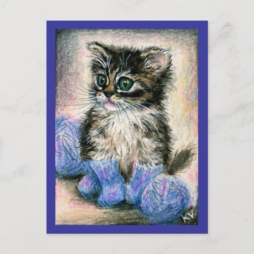 Cute kitten knitting with yarn postcard