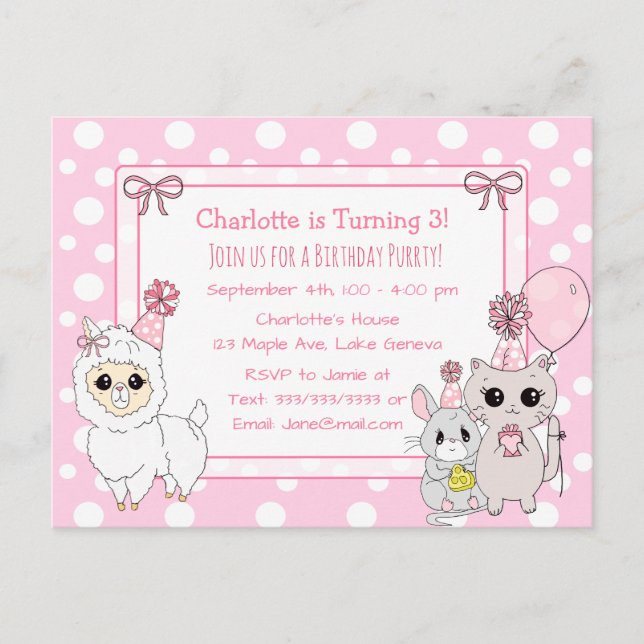 Cute Kitten, Llama and Mouse Girl's Birthday Postcard (Front)