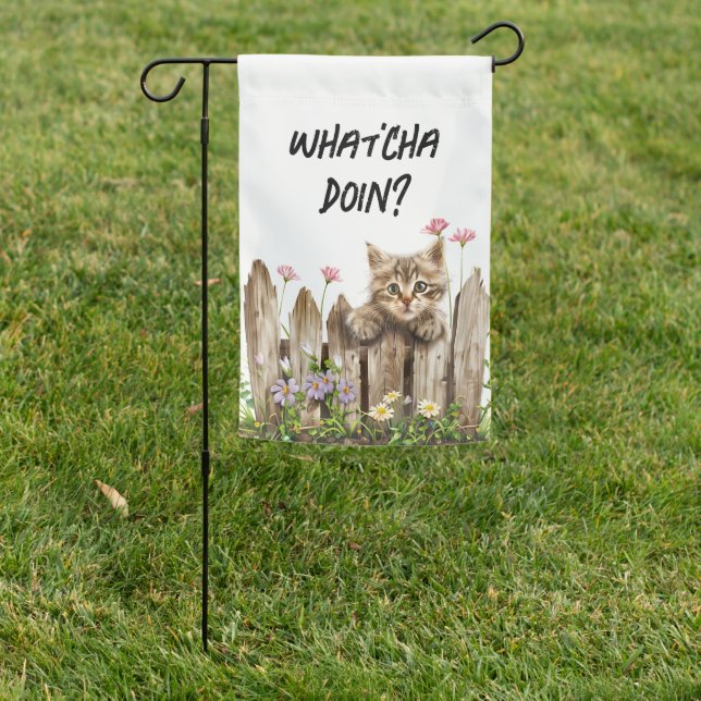 CUTE KITTEN LOOKING OVER A FENCE WITH FLOWERS GARDEN FLAG (In SItu)