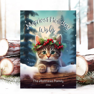 Cute Kitten Merriest Christmas Snowing Woodland Holiday Card