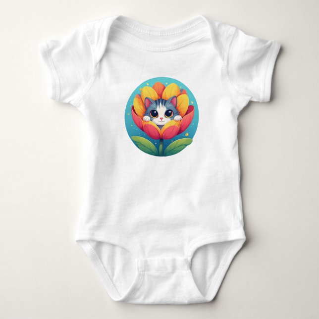 Cute Kitten Nestled in a Flower Bloom Baby Bodysuit (Front)