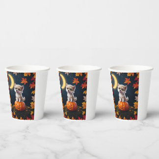 Cute Kitten on a Pumpkin with Fall Leaves Paper Cups
