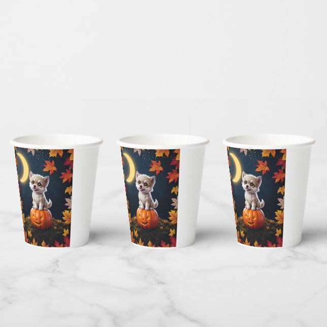 Cute Kitten on a Pumpkin with Fall Leaves Paper Cups (Multi)