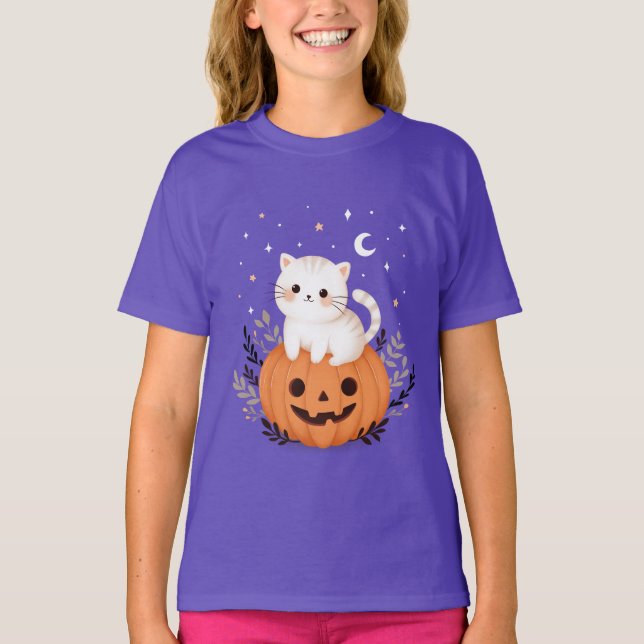 Cute Kitten On Pumpkin Halloween Illustration T-Shirt (Front)