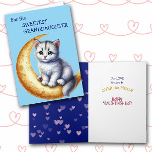 Cute Kitten on the Moon Granddaughter Valentine Holiday Card