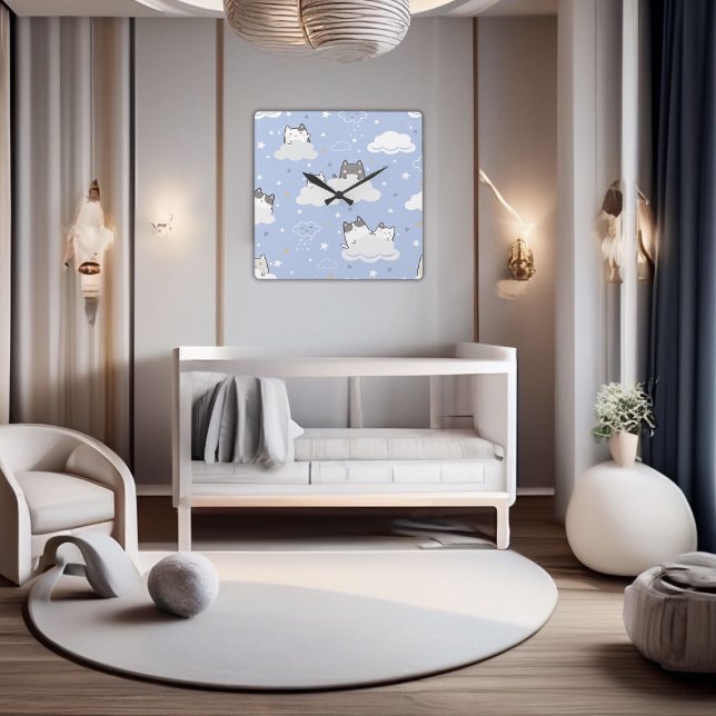 Cute Kitten Pattern Blue  Square Wall Clock (Cute Pattern Kitten Blue Square Wall Clock)