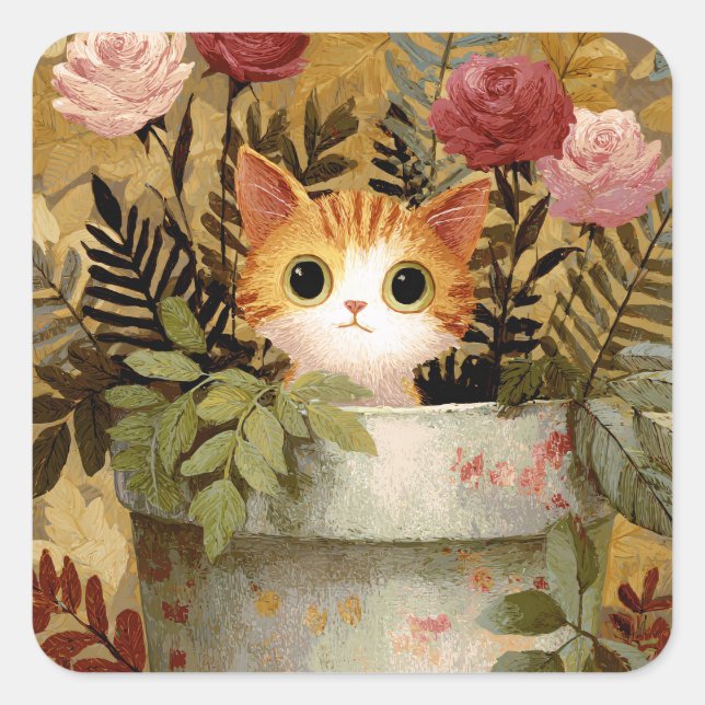 Cute Kitten Peeking From a Pot Square Sticker (Front)