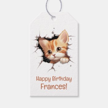 Cute Kitten Peeking Happy Birthday Gift Tags by designs4you at Zazzle