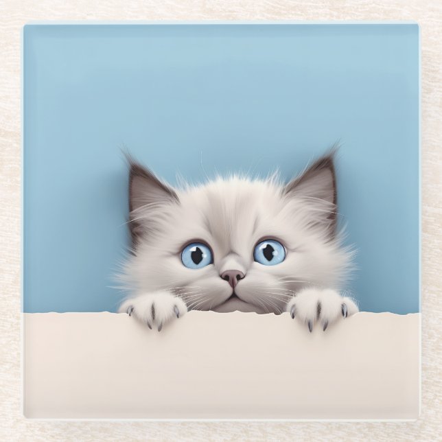 Cute Kitten Peeking Ragdoll Cat Glass Coaster (Front)