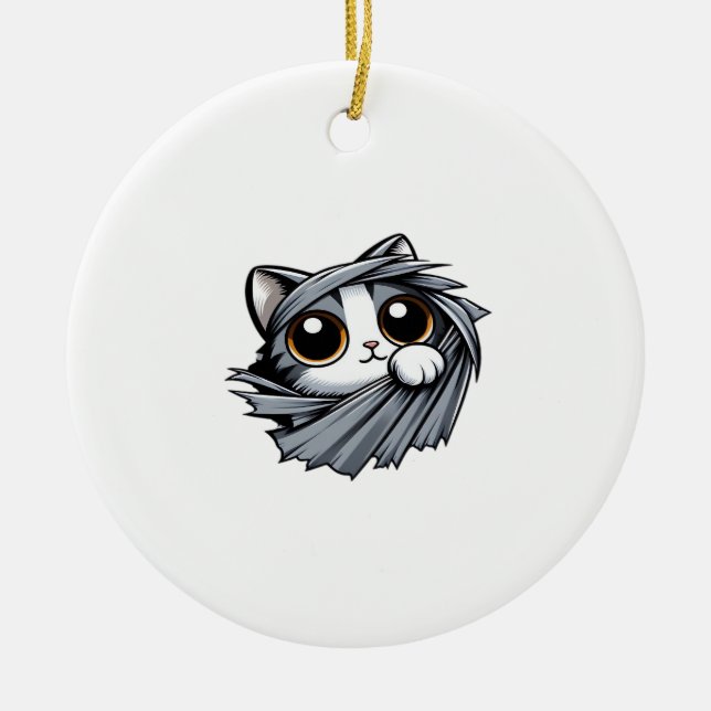 Cute Kitten Peeking Through Torn Cloth Ceramic Ornament (Front)