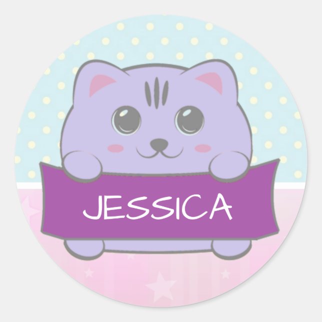 Cute Kitten Personalised Polka Dot Classic Round Sticker (Front)