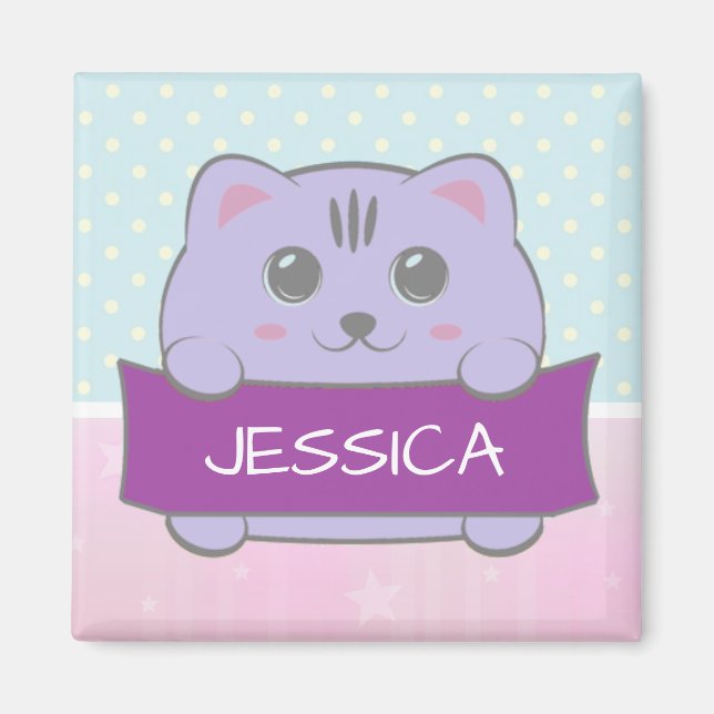 Cute Kitten Personalised Polka Dot Magnet (Front)