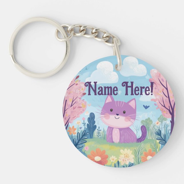 Cute Kitten Personalized Name Purple Cat Keychain (Front)