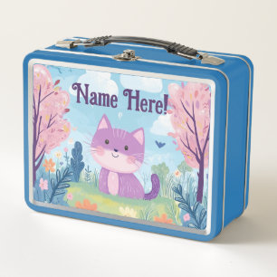 Cute Kitten Personalized Name Purple Cat Metal Lunch Box