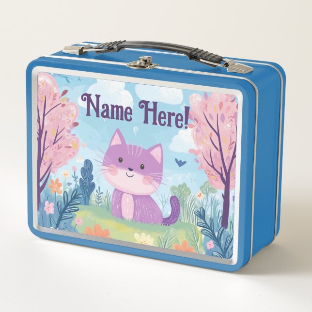 Cute Kitten Personalized Name Purple Cat Metal Lunch Box (Front)