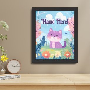 Cute Kitten Personalized Name Purple Cat Nursery Framed Art