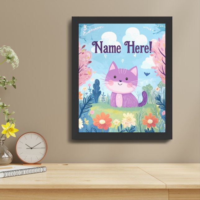 Cute Kitten Personalized Name Purple Cat Nursery Framed Art (Table Top)