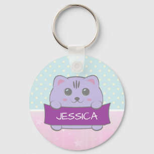Cute Kitten Personalized Polka Dot Keychain