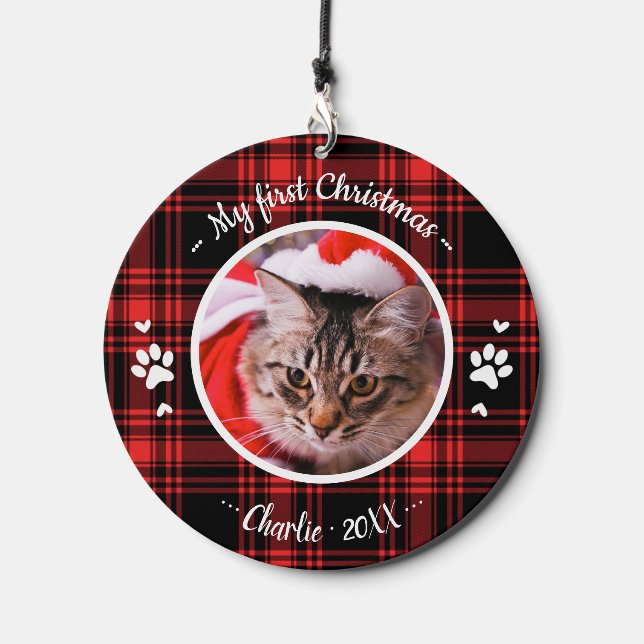 Cute Kitten Pet First Christmas Photo Plaid Wind Chime (Front)