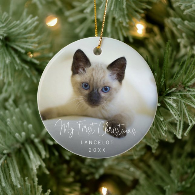 Cute Kitten Photo Cat First Christmas Ceramic Ornament (Tree)