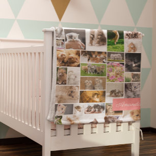 Cute Kitten Photo Montage Coral Pink Cat Baby Blanket