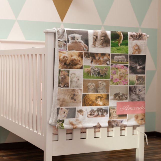 Cute Kitten Photo Montage Coral Pink Cat Baby Blanket (Creator Uploaded)